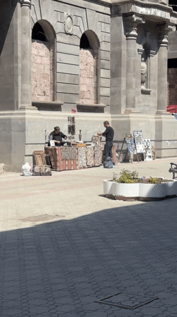Street vendors set up textile sales in Gyumri Armenia