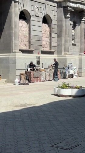 Street vendors set up textile sales in Gyumri Armenia