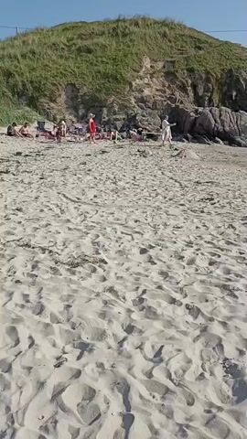 The video shows a sandy beach with a grassy hill in the background. Several people are scattered across the beach, some sitting in chairs, others standing. In the foreground, a golden retriever is walking towards the water, where a person is wading. The water appears calm, and the sky is clear and blue. The scene is peaceful and idyllic, suggesting a relaxed day at the beach.