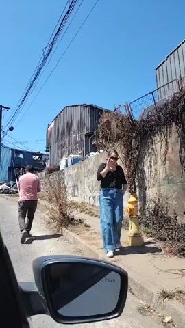 The video shows a neighborhood street that has been damaged, possibly by a fire.  The camera is positioned inside a car driving on the street.  A person is walking on the right side of the street. Buildings appear to be burnt.  A pile of trash and debris sits on the side of the road. Some portable toilets are visible. The sky is clear.  The video seems to have been taken during the day.