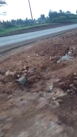 The video shows a dirt lot next to a paved road. A motorcycle drives by on the road. The sky is overcast and there are trees in the distance.