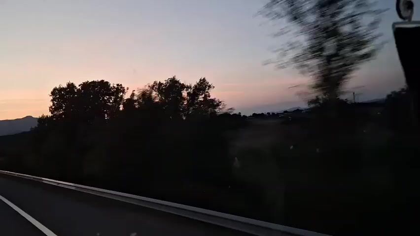 The video shows a view from a moving vehicle on a highway at dusk. The sky is a pale pink and orange, with dark mountains in the distance. Trees line the side of the road, and there are other cars on the highway, their headlights on. The camera is looking out the side window of the vehicle, capturing the passing scenery. The motion of the vehicle creates a blur in the trees and the distant landscape, emphasizing the speed of travel. There are no people clearly visible. The road appears to be asphalt with white lines marking the lanes. A metal guardrail is visible along the side of the road.