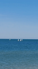 Woman stretches on beach under clear skies