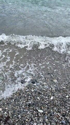 The video shows a close-up of small waves washing onto a pebble beach. The pebbles are a mix of grey, black, and white. The water is clear and a light grey-blue color. The sky is a light blue-grey, suggesting an overcast day. There are no people or other objects visible in the frame. The main action is the gentle lapping of waves against the shore.