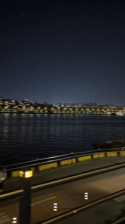 Illuminated riverside walkway observed at night in Seoul