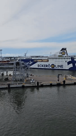 Eckerö Line ferry departs Tallinn harbor on a July afternoon