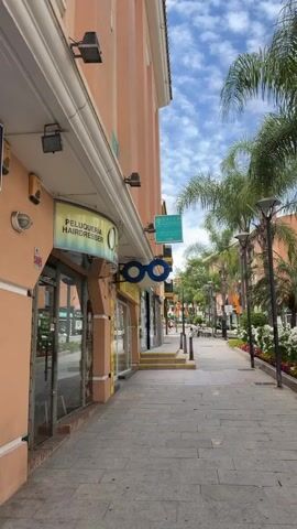A short video pans upwards, focusing on the storefront of an Optica (optician) building. The sign above the entrance features a pair of large, blue-rimmed glasses. Next to it is a smaller square sign for "Brilo Psicologos," listing psychology services. The building is peach-colored with a white awning. The scene is an outdoor street view with a wide sidewalk lined with palm trees and small shops in the background. People are visible in the distance. The sky is blue with scattered clouds.