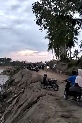 The video shows a muddy riverbank with a dirt road running along it. On the road, there are several parked motorcycles and a group of people gathered. A man on a motorcycle is riding away from the camera. On the river, a long, narrow wooden raft carrying several motorcycles and people is crossing from one side to the other. The sky is overcast, with a hint of pink light on the horizon. The riverbanks are lined with trees, including several palm trees. There are wooden poles sticking out of the water near the bank.