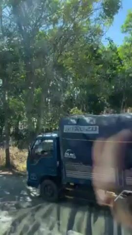 The video shows a view from a moving vehicle, likely a car or truck, traveling on a road alongside a wooded area. The trees are mostly green and leafy, and there is dry grass and brush beneath them. The sky is blue with some scattered clouds. The movement of the vehicle gives a blurry effect to the scene. A portion of the back of a truck is briefly visible on the left side of the frame.