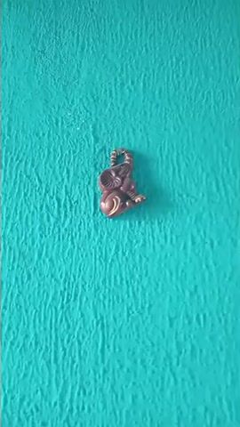 This video captures a brief glimpse of an indoor space, likely a home, with turquoise walls. The scene appears to be filmed in Duaca, Venezuela.

The video opens with a close-up of a small, decorative elephant charm attached to the wall. Following this, the camera pans slightly to reveal a framed picture or artwork also mounted on the wall. The next shot shows a broader view of the room, showcasing a shelf unit with various items, including what appears to be a vase with flowers. Further into the video, the camera continues to pan, revealing more of the room's interior. We see additional framed pictures on the wall, a doorway, and a glimpse of a larger space, possibly a living area or hallway, with tiled flooring and a water cooler. The lighting suggests it is daytime. There is no visible text in the video. The overall impression is a casual, domestic setting.
