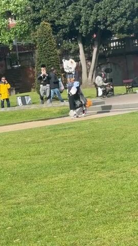 The video shows a person in a full-body fursuit standing in a park. The fursuit is mostly white with black and grey accents. The person wears a black Guns N' Roses t-shirt, patterned shorts, and white sneakers. An orange tail hangs from the fursuit. Several people are in the background, including one person taking a photo of the fursuiter. The setting is a grassy park with trees, pathways, and some benches and architectural elements. The day appears sunny.