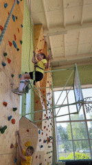 Children practice indoor rock climbing at Izhevsk gymnasium