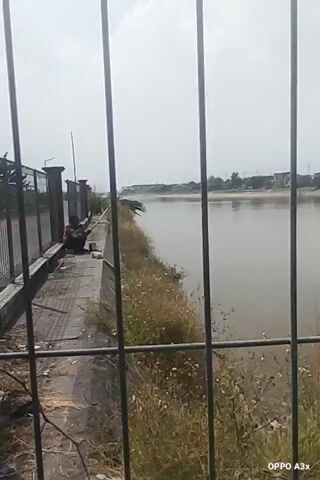 The video shows a body of water, likely a river or canal, viewed through a metal fence. The water is murky and appears to be calm. The bank of the water is lined with dried grass and some green vegetation. On the left side of the frame, a concrete wall with a metal railing runs along the bank. A person is seated on the wall, facing away from the camera, and appears to be holding a fishing rod. Across the water, on the opposite bank, there are several houses and trees. The sky is overcast.