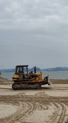 Construction equipment operates on Vietnam beach under cloudy skies
