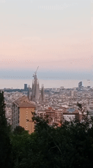 Barcelona sunset view captures Sagrada Familia construction progress