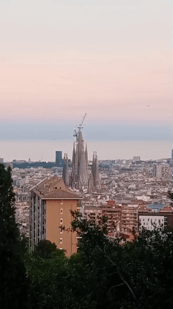 Barcelona sunset view captures Sagrada Familia construction progress