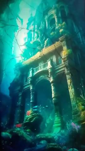 The video shows a still, low-angle shot of a large, old, stone structure submerged underwater. The architecture includes archways and a balcony, suggesting it might be a palace or temple. The structure is overgrown with marine vegetation and surrounded by coral. Several small fish swim within the archways. The water is murky and turquoise in color, with shafts of light penetrating from above. The screen appears to be cracked, with visible lines disrupting the image.