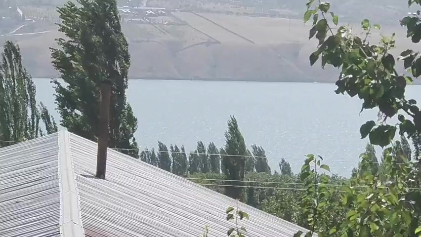A wide shot shows a body of water in the background with a hillside beyond it. The hillside is dotted with buildings and wind turbines. In the foreground, the corrugated metal roof of a building is visible, along with trees. The wind is strong, causing the trees to sway.