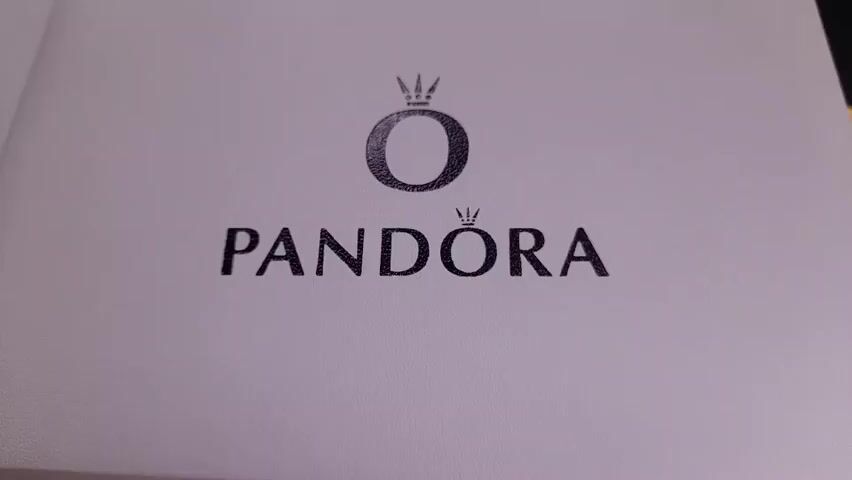 The video shows a close-up shot of the Pandora logo printed on a white surface. The logo consists of a stylized letter 'O' with a crown above it, and the word "PANDORA" written below it, with a crown above the letter 'O' in the word. The lighting is soft, and the focus is on the logo. The white surface appears to be a box or packaging. There are no people or actions visible in the video.