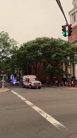 A police car with flashing blue lights and an ambulance with flashing red and blue lights are seen on a street in front of a large building with columns. A group of people are standing on the sidewalk near the building. Traffic lights are visible overhead. The sky is overcast. The police car is to the left of the ambulance. The ambulance appears to be moving.
