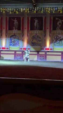 A man dressed as a Roman gladiator performs in an arena. He wears a helmet, armor, a skirt, and gold leg coverings. He wields a sword and a cape. The arena features a sand floor and a backdrop decorated with Roman-style columns, mosaics, and statues. The lighting is dramatic, with spotlights illuminating the performer. The text overlay identifies him as Maximus from the 2nd Ribsky region.