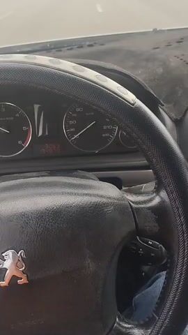 The video shows a car ride, filmed from behind the steering wheel. The car is traveling on a road next to a lake or the sea, with mountains visible in the distance. The weather is overcast. The dashboard is visible, with a cell phone and sunglasses resting on it. The speedometer shows a speed of approximately 50 km/h. The rearview mirror is visible, with a fuzzy black covering around it. Music is playing in the car.