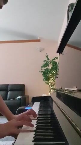 A person's hands are shown playing a piano. The person is seated and their hands are positioned over the keys, with fingers actively pressing them. The piano is a dark, upright model. In the background, a black leather sofa is visible, and a decorative plant with small lights is positioned to the right of the piano. The room has a neutral-colored wall and a sloped ceiling. The lighting appears to be indoor ambient light. The video captures a close-up view of the hands and piano keys, with the background slightly out of focus.