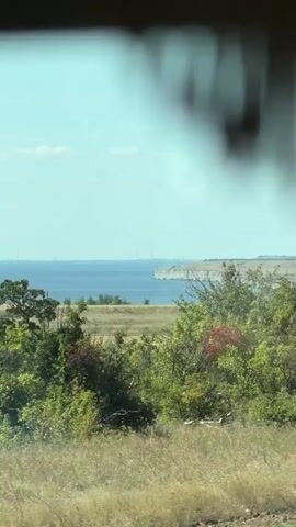 The video pans across a rural landscape under a clear blue sky. In the foreground, dry yellow grass and green bushes are visible. Beyond the vegetation, a body of water, likely a sea or large lake, stretches to the horizon. A distant cliff face borders the water, its pale color contrasting with the blue. On the far horizon, tall, slender structures that could be wind turbines or industrial smokestacks are faintly visible. The overall impression is one of a natural, open environment with some distant signs of human development.