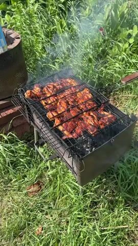 The video shows chicken wings grilling on a portable charcoal grill in a grassy outdoor setting. The wings are arranged in a single layer within a hinged wire basket, which sits directly over the glowing coals. Smoke rises from the grill. The scene appears to be outdoors, with green grass and some vegetation in the background.