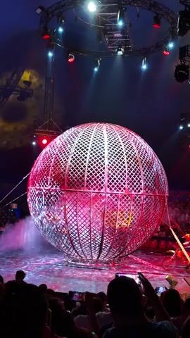The video captures a circus performance inside a tent. The central focus is a large, spherical metal cage, commonly known as a "Globe of Death." A performer on a motorcycle is seen riding inside this cage, which is illuminated with pink and red lights. The cage itself has a diamond-shaped mesh pattern. To the right of the cage, another motorcycle is visible, and a performer appears to be near it. In the background, a crowd of spectators is seated, many of whom are holding up their phones to record the spectacle. Above the cage, a circular lighting rig with spotlights is suspended. The stage floor is wet, with mist or smoke adding to the atmospheric effect. The overall environment is dark, typical of a circus setting, with dramatic lighting highlighting the performance.