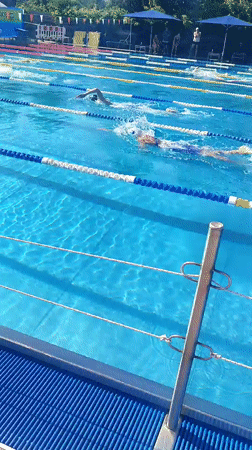 Outdoor swim meet in progress, freestyle racing across multiple lanes
