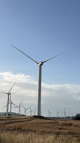 The video shows a field with several wind turbines, under a blue sky with scattered clouds.  The turbines are white and have three blades each, except for the central turbine which is stationary and has only two blades.  The field appears to be dry with yellowish brown vegetation. In the background, beyond the field, there is a hint of a town or settlement. The focus is on the central turbine, highlighting its two-blade configuration against the backdrop of the other, fully functional turbines. The camera is mostly still, offering a clear view of the scene.