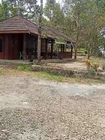 The video shows a wooden building with a brown tiled roof. The building is rectangular and appears to have two sections: one enclosed with windows and a dark wooden door, and another open-air section with a roof supported by wooden posts. There are several wooden benches and tables in the open-air section. The building is situated in a natural environment with trees and vegetation surrounding it. The ground in front of the building is covered in gravel. A sign with yellow writing is visible on the open-air section of the building. There are also some chairs visible outside the enclosed section of the building. The video appears to be shot from a moving vehicle, as the camera is slightly shaky and the perspective shifts subtly.
