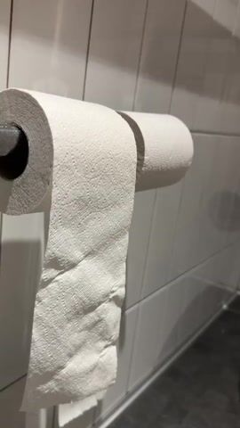 The video shows a toilet paper holder with two rolls of toilet paper. The roll in use is hanging with the paper falling to the floor. The holder is mounted on a white tiled wall, and a dark countertop is visible in the background.