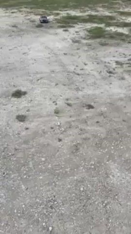 A small, red and black toy race car drives erratically on a sandy, patchy dirt surface. The car frequently makes sharp turns and seems to be experiencing difficulty maintaining a straight course. The surrounding environment consists of mostly barren land, with hints of green grass in the background, suggesting an outdoor setting.