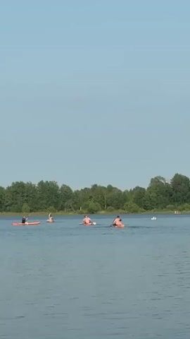 This media file captures a serene summer day on a calm body of water, likely a lake, near Razdolnoye, Russia. The scene is set against a backdrop of lush green trees lining the distant shore, under a clear, pale blue sky. The time of day appears to be late afternoon or early evening, judging by the soft, even light that bathes the landscape. The weather is pleasant, with no visible signs of wind or clouds, creating a tranquil atmosphere.

The primary subjects are several individuals engaged in various water activities. In the foreground and mid-ground, four people are visible on paddleboards or kayaks. One individual on the left is on a bright orange paddleboard, paddling with a dark paddle. To their right, another person is on a similar craft, also paddling. Further to the right, two more individuals are on orange paddleboards, with one of them holding a paddle. In the far right of the frame, two white objects are floating on the water, possibly ducks or buoys.

The overall mood conveyed is one of peaceful recreation and enjoyment of the outdoors. The calm water and clear sky suggest a perfect day for water sports. The simple activities shown, like paddleboarding, contribute to the relaxed and idyllic feel of the scene. There is no visible text in the media file.
