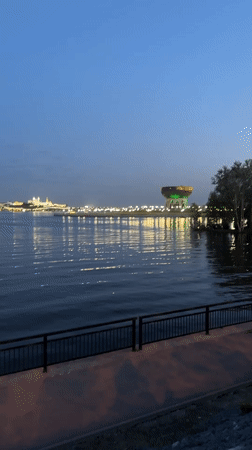 Evening waterfront scenes captured in Kazan, Russia showing illuminated landmarks