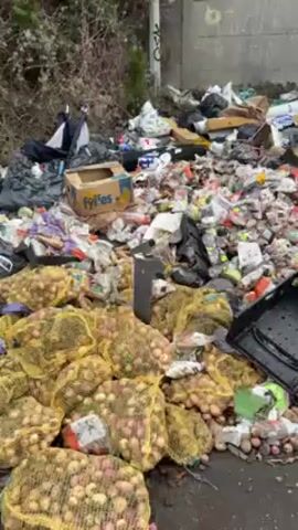 The video depicts a large pile of discarded items on the ground. The pile contains numerous bags of potatoes, loose carrots, packaged food, and black trash bags. There are also cardboard boxes, including one with a "Fyffes" label, and a black plastic crate. The background includes a concrete wall with some graffiti. The overall impression is one of food waste and general refuse.