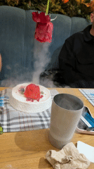 Theatrical dessert presentation with smoke effects documented in Sofia restaurant