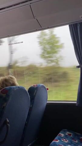 The video shows the view from inside a bus traveling on a road. The camera is focused on the window, where the trees and landscape outside are blurred due to motion. The seats of the bus are visible in the foreground, with one person's head and shoulders visible through the window. A sign with text in a foreign language is also visible on the window. The weather appears to be overcast.