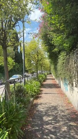 The video shows a sidewalk lined with trees and flowers. A car drives by on the road next to the sidewalk. The sun is shining and the sky is blue with some clouds. There is a concrete wall on one side of the sidewalk and a fence on the other. The sidewalk is made of stone and there are some fallen leaves on it.