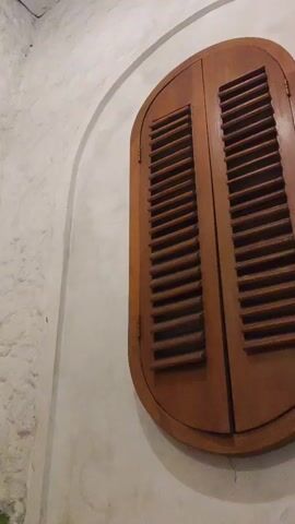 The video pans across a white stucco wall with a rounded archway. On the right side of the archway, there is a wooden louvered shutter. On the left side of the archway, there is an orange wall with a woven basket hanging on it. Below the archway on the left, there is a plant with green leaves.