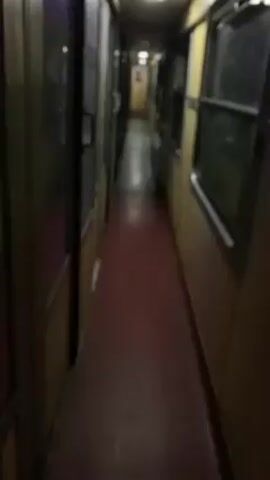 The video shows the interior of a train car. The camera appears to be moving down a narrow hallway with a red carpet. There are compartments or doors on the left side and windows on the right. The walls are painted in a yellowish-beige color. The lighting is somewhat dim, and the windows show reflections of the outside, which appears to be dark. The train appears to be moving, and the overall atmosphere feels enclosed and quiet.