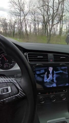 A first-person shot shows a car driving on a road lined with trees in early spring. The sky is overcast. The car's dashboard is visible, showing a speed of 65 km/h and the display of the car’s digital system shows a woman on the screen. The steering wheel has carbon fiber accents. The trees along the road are bare, suggesting it is not yet summer. There is no visible interaction between the person driving and the environment.