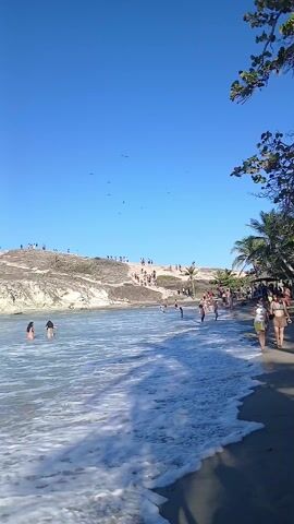 The video shows a beach scene on a sunny day. The sky is clear blue. There is a rocky hill to the left of the frame, covered with people walking and standing. A few people are swimming in the water near the hill. The water is clear and blue with foamy waves. Some trees are on the right side of the frame. Birds fly overhead. Several people stroll along the beach to the right of the frame.