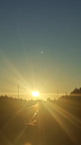 The video shows a point-of-view shot of a road during sunrise or sunset. The sun is low on the horizon, casting long rays of light across the sky and the road. The sky is a clear blue, transitioning to yellow and orange near the sun. Trees and power lines are visible along the sides of the road. The road itself appears to be paved and has a white line marking the center. The camera seems to be moving forward, suggesting the video was taken from a vehicle.