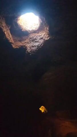 The video shows a cave-like structure filled with water.  A large opening, presumably to the outside, is visible at the top of the frame, providing natural light. The walls of the tunnel are made of rough, reddish-brown rock.  Underwater lighting illuminates the water in a green tint.  A person is visible in the water, partially submerged. The water appears to be flowing through the tunnel.