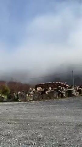 The video shows a car driving along a road, with fog obscuring the view in the distance. The roadside includes grass, bushes, trees, and a small parking area. At one point, a blue sky is visible through the fog. Additionally, a bridge is visible in the last frames.