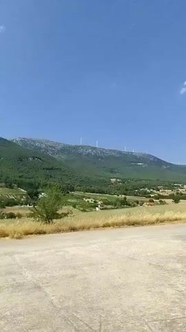 The video shows a panoramic view of a rural landscape under a clear blue sky with scattered clouds. In the foreground, a rough, paved surface, possibly a road or driveway, is visible. Beyond this, dry, yellow grass lines the edge of the paved area, with a small green tree to the left. The middle ground features rolling hills covered in lush green trees and vegetation, interspersed with cultivated fields, some appearing to be vineyards. Several buildings, likely farmhouses or rural dwellings, are scattered throughout the landscape, and a large solar panel array is visible in the distance. Dominating the background is a large mountain range, also covered in dense green forest. Several wind turbines are spotted on the ridge of the mountain, indicating a wind farm. The video appears to be captured from a moving vehicle or while walking, as the perspective shifts slightly. The overall impression is one of a serene, sun-drenched countryside.