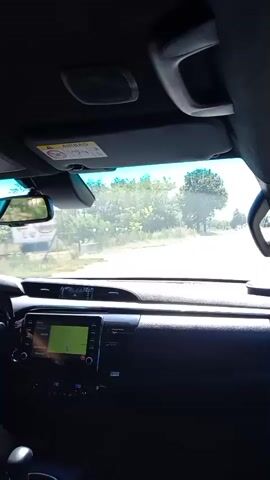 The video shows the interior of a car driving on a road. The driver's perspective is from the passenger seat, looking forward through the windshield. The dashboard of the car is visible, including a navigation screen. Outside the car, trees and buildings can be seen. The road appears to be in a rural area. A signpost is visible in the distance. The sun is shining, indicating it is daytime. There is no indication of any criminal activity or suspicious behavior.